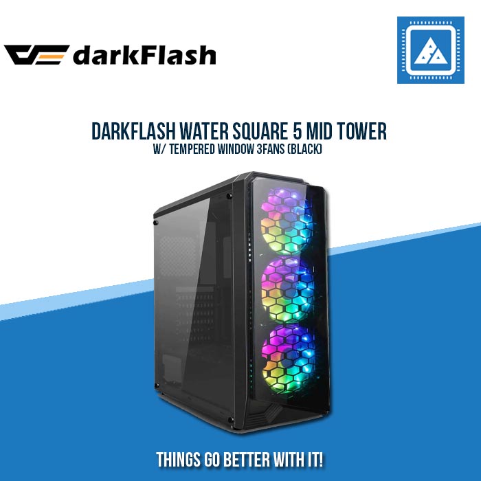DARKFLASH WATER SQUARE 5 MID TOWER W/ TEMPERED WINDOW 3FANS (BLACK)
