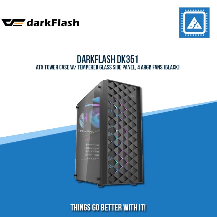 DARKFLASH DK351 ATX TOWER CASE W TEMPERED GLASS SIDE PANEL, 4 ARGB FANS (BLACK)