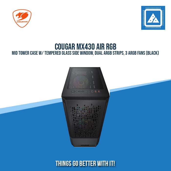 COUGAR MX430 AIR RGB MID TOWER CASE W/ TEMPERED GLASS SIDE WINDOW, DUAL ARGB STRIPS, 3 ARGB FANS (BLACK)