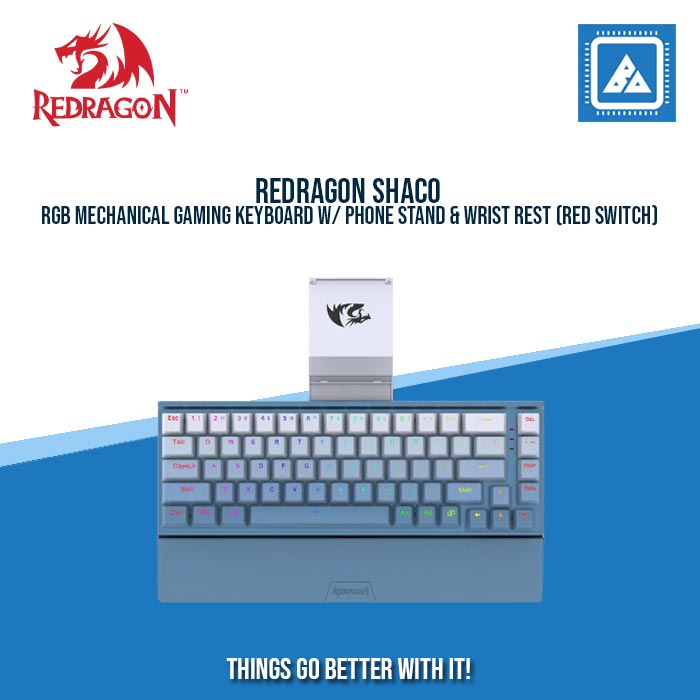 REDRAGON SHACO RGB MECHANICAL GAMING KEYBOARD W/ PHONE STAND & WRIST REST (RED SWITCH) BLUE WHITE
