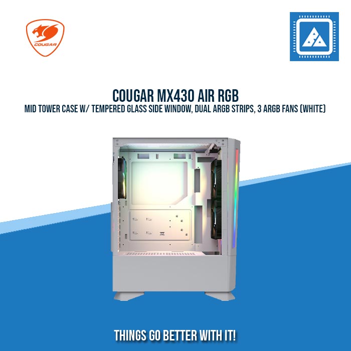 COUGAR MX430 AIR RGB MID TOWER CASE W/ TEMPERED GLASS SIDE WINDOW, DUAL ARGB STRIPS, 3 ARGB FANS (WHITE)