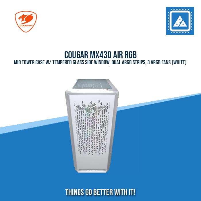 COUGAR MX430 AIR RGB MID TOWER CASE W/ TEMPERED GLASS SIDE WINDOW, DUAL ARGB STRIPS, 3 ARGB FANS (WHITE)