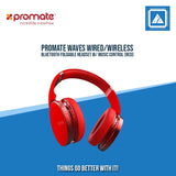 PROMATE WAVES WIRED/WIRELESS BLUETOOTH FOLDABLE HEADSET W/ MUSIC CONTROL (RED)