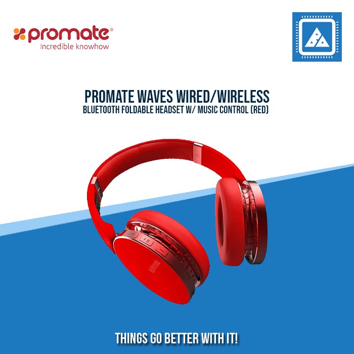 PROMATE WAVES WIRED/WIRELESS BLUETOOTH FOLDABLE HEADSET W/ MUSIC CONTROL (RED)