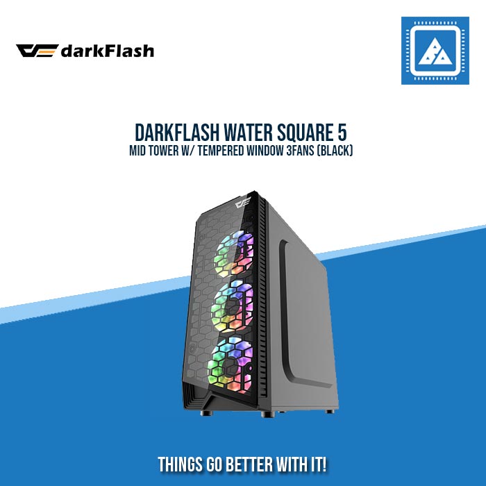 DARKFLASH WATER SQUARE 5 MID TOWER W/ TEMPERED WINDOW 3FANS (BLACK)