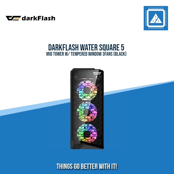 DARKFLASH WATER SQUARE 5 MID TOWER W/ TEMPERED WINDOW 3FANS (BLACK)