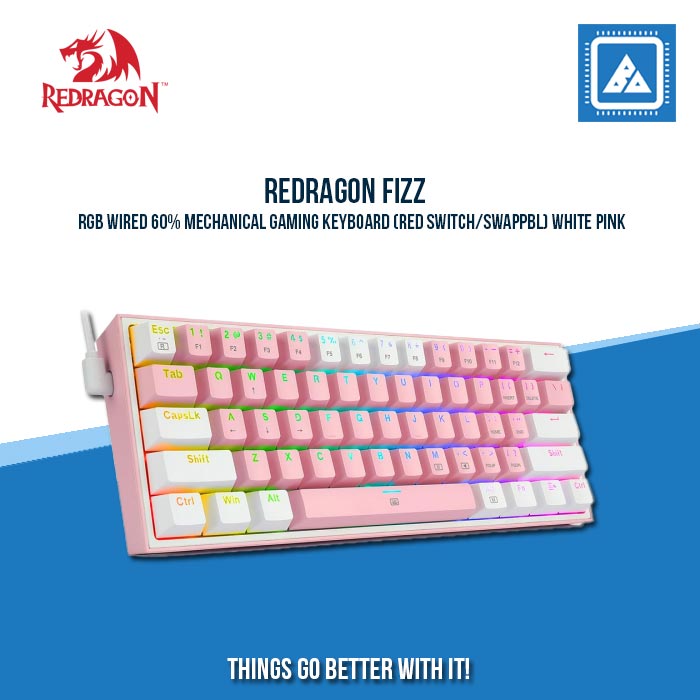 REDRAGON FIZZ RGB WIRED 60% MECHANICAL GAMING KEYBOARD (RED SWITCH/SWAPPBL) WHITE PINK