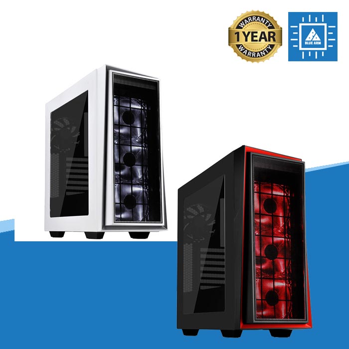 Redline 06 Black | White ATX Mid Tower Case w/ Red Trim + 3x120mm Red LED fan & Tempered Glass Side Panel