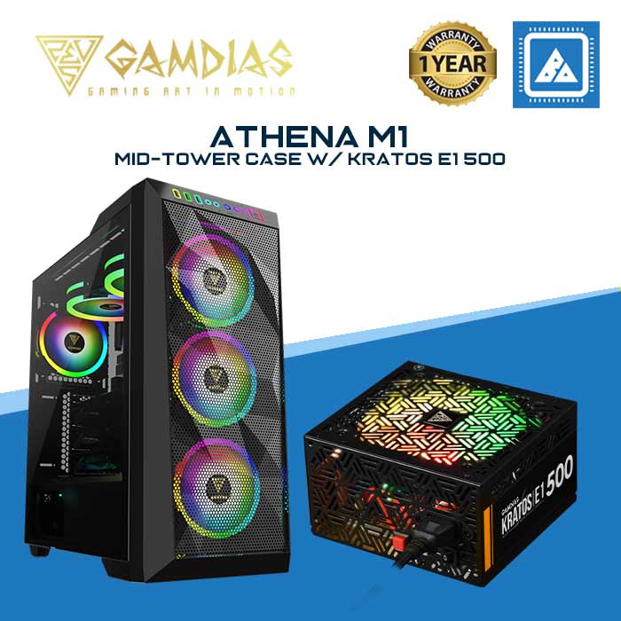 Gamdias ATHENA M1 - Tempered Glass Mid-Tower CASE (Bundle GAMDIAS POWER SUPPLY KRATOS E1-500)