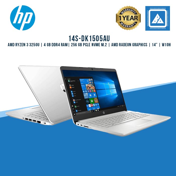 HP NOTEBOOK 14s-dk1505AU AMD Ryzen 3 3250U | 4 GB DDR4 | 256 GB PCle NVMe M.2 SSD | AMD Radeon Graphics | 14 | WIN 10 H | SILVER | 1 YEAR