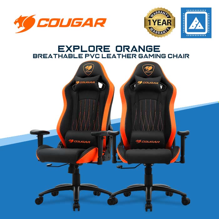 COUGAR GAMING CHAIR EXPLORE ORANGE / UP/DOWN MOVEMENT ARMREST / BREATHABLE PVC LEATHER / 5 STAR STEEL BASE / 120KG / MID SIZE