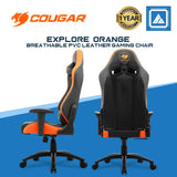 COUGAR GAMING CHAIR EXPLORE ORANGE / UP/DOWN MOVEMENT ARMREST / BREATHABLE PVC LEATHER / 5 STAR STEEL BASE / 120KG / MID SIZE