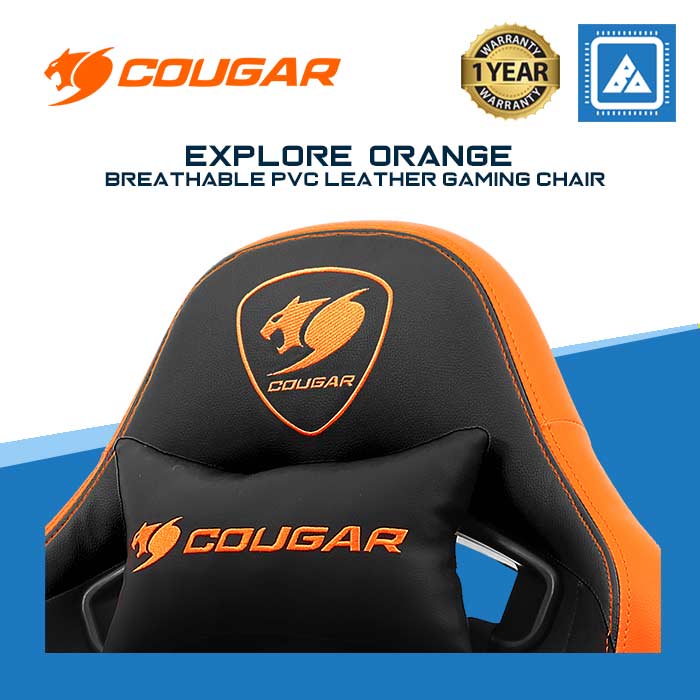COUGAR GAMING CHAIR EXPLORE ORANGE / UP/DOWN MOVEMENT ARMREST / BREATHABLE PVC LEATHER / 5 STAR STEEL BASE / 120KG / MID SIZE