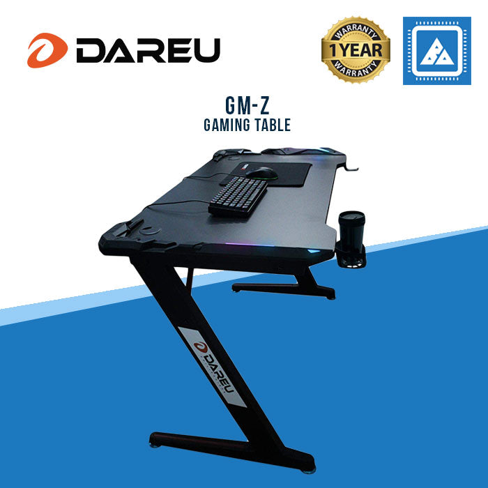 DAREU GM-Z GAMING DESK – BLACK | CUP HOLDER | HEADSET HOLDER | TRAY BASKET | 1280 x 650 x 770MM (W x D x H) | RGB LIGHTING WITH CONTROLLER