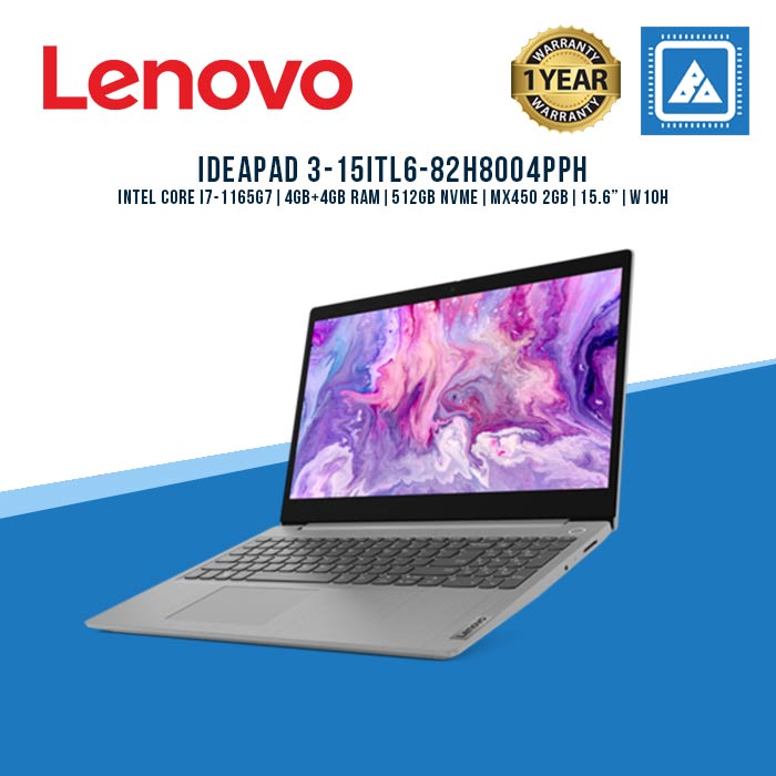 LENOVO IDEAPAD 3-15ITL6-82H8004PPH I7-1165G7 | 4+4GB RAM | 512GB NVME | MX450 2GB | 15.6" | W10H/OFC19HS (GRY)