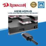 Redragon K618 Horus Wireless RGB Mechanical Keyboard, Bluetooth/2.4Ghz/Wired Tri-Mode Ultra-Thin Low Profile Gaming Keyboard w/No-Lag Cordless Connection