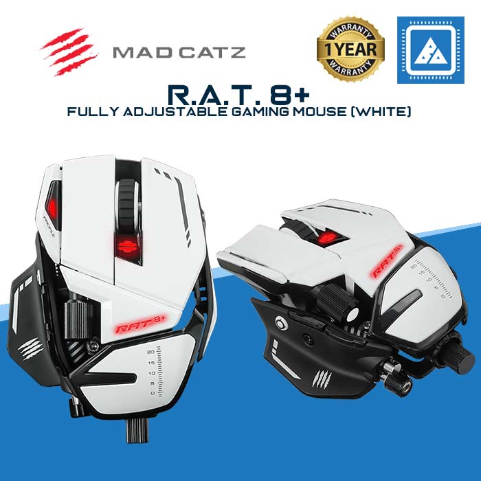 Mad Catz The Authentic R.A.T. 8+ Fully Adjustable Wired Gaming Mouse - 16000 DPI Optical Sensor - 11 Programmable Buttons and RGB Lighting - White