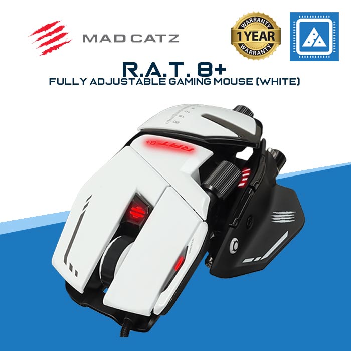 Mad Catz The Authentic R.A.T. 8+ Fully Adjustable Wired Gaming Mouse - 16000 DPI Optical Sensor - 11 Programmable Buttons and RGB Lighting - White