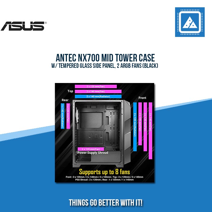 ANTEC NX700 MID TOWER CASE W/ TEMPERED GLASS SIDE PANEL, 2 ARGB FANS (BLACK)
