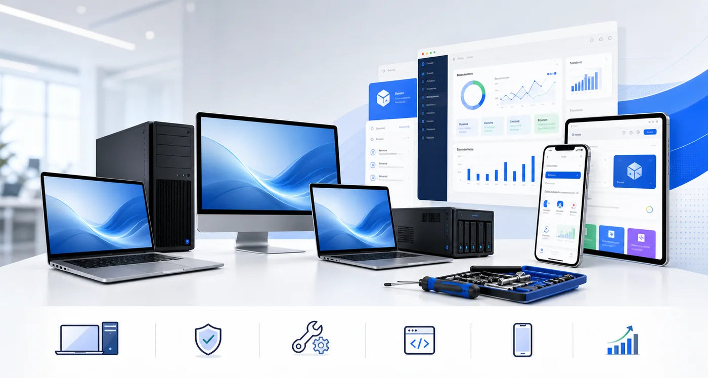 Business computers, repair support, and software dashboard screens